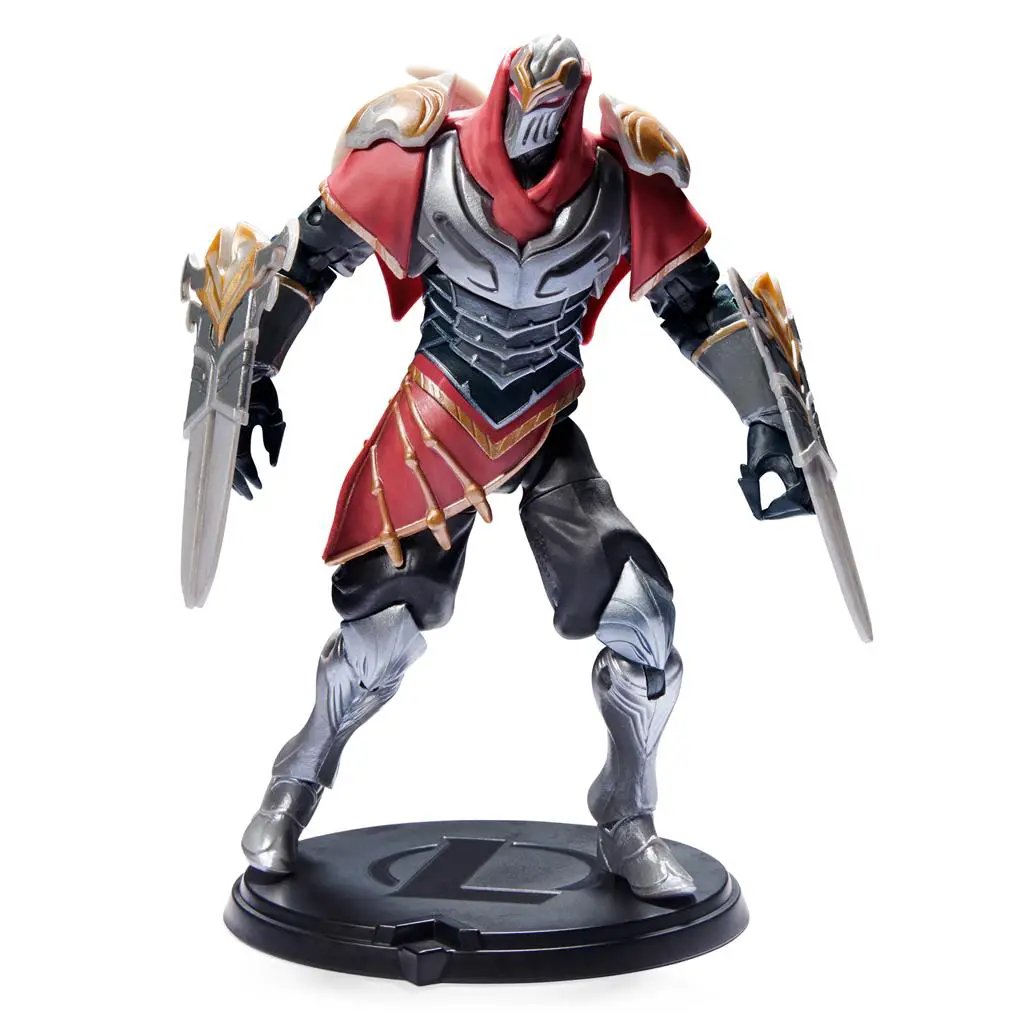 Zed figurine League of Legends Master of Shadows with red and silver armor and dual swords on Tampa Home & Garden Store