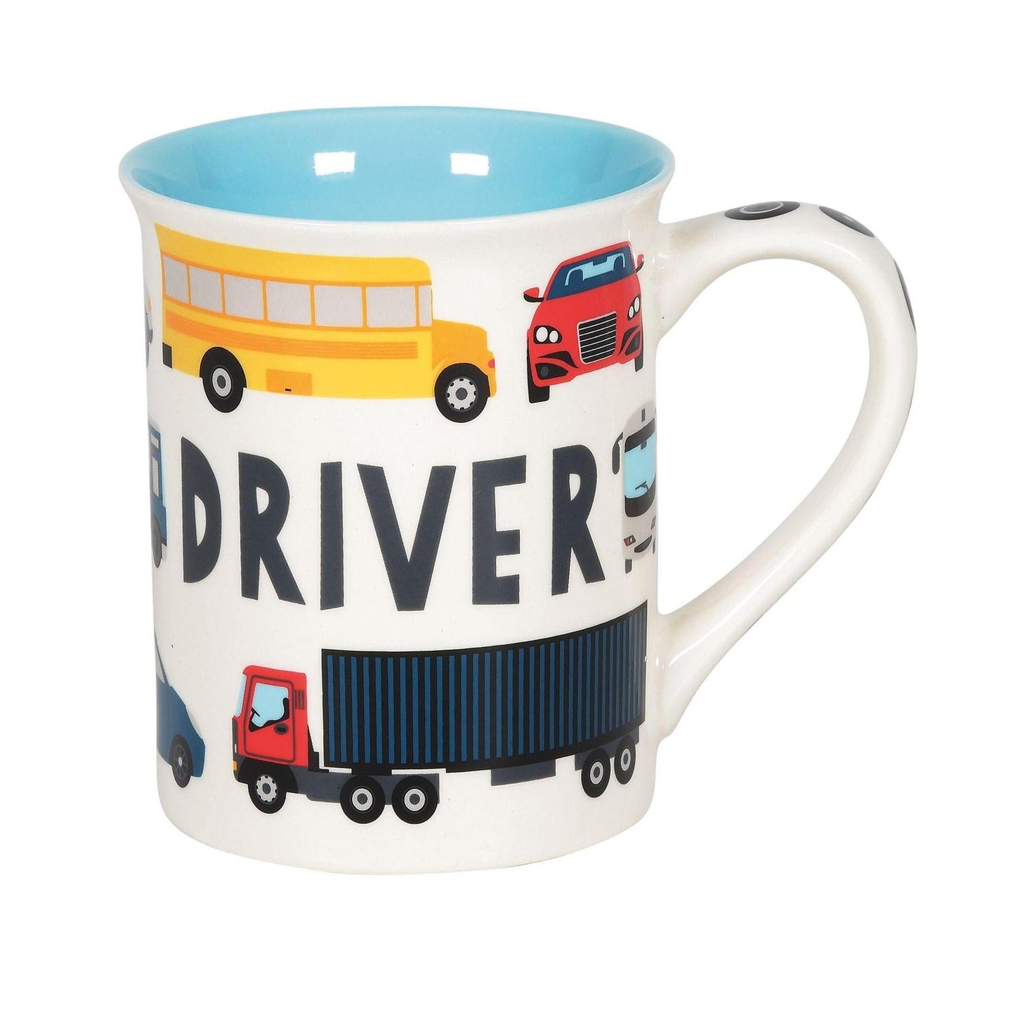 Powered By Caffeine Driver Pattern Mug ceramic with bus, car and truck illustrations on Tampa Home & Garden Store