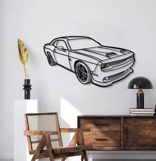 Challenger Hellcat perspective metal wall art in black line drawing on white wall on Tampa Home & Garden Store