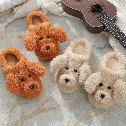 Stevvex dog slippers four plush faux fur dog head slippers in brown and cream for home use on Tampa Home & Garden Store