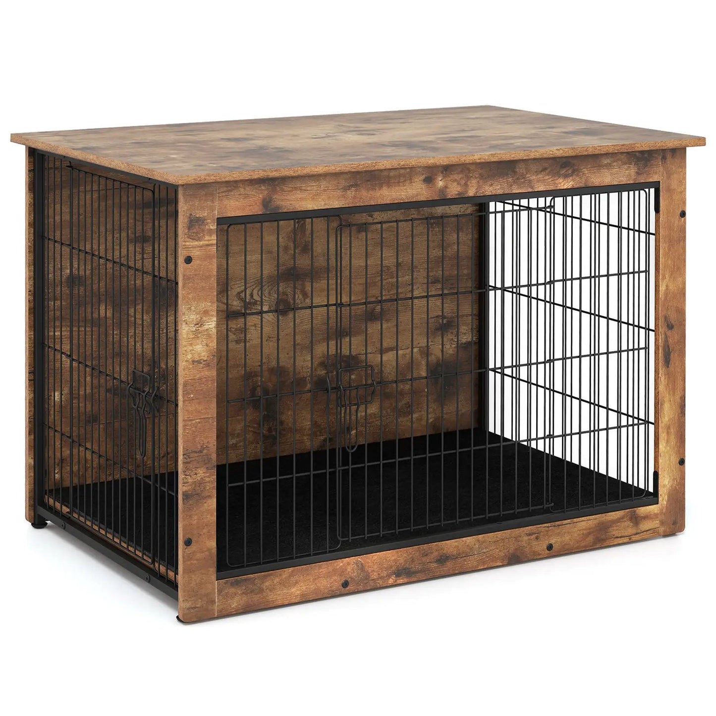 Dog Crate Furniture with Cushion, wood finish, black metal bars, double doors on Tampa Home & Garden Store
