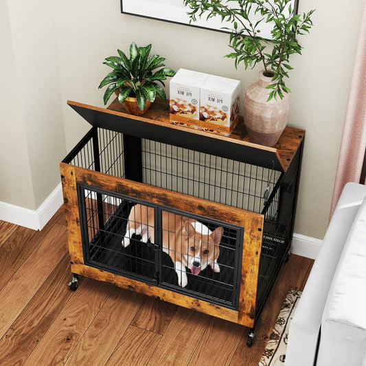 Industrial dog kennel with flip-up top doors, wood frame and black metal mesh, dog inside on Tampa Home & Garden Store