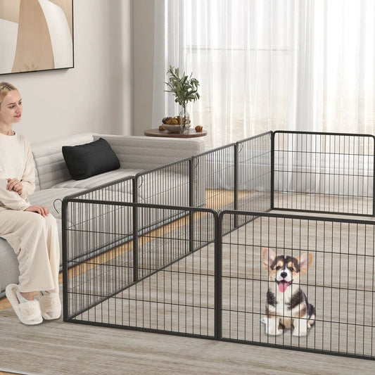 16-panel black metal dog playpen with large lockable door in a living room, puppy inside on Tampa Home & Garden Store