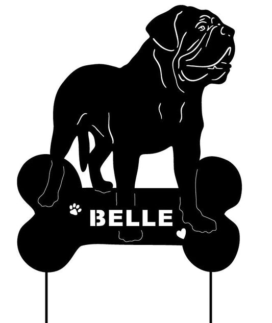 Dogue de Bordeaux garden stake wall hanging in black metal with BELLE name plaque on Tampa Home & Garden Store