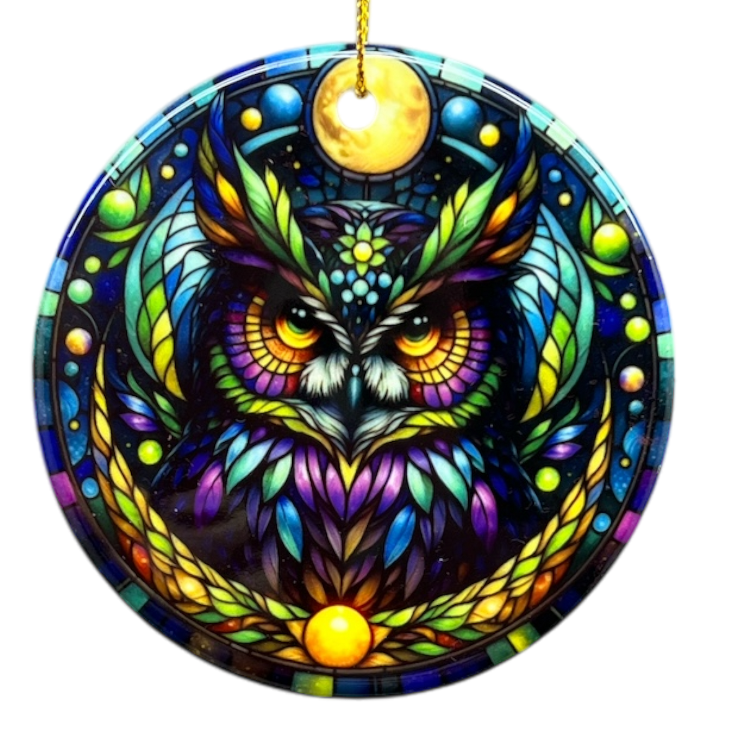 Mysterious Owl Stained Glass Ornament rainbow mosaic moon by The Country Christmas Loft on Tampa Home & Garden Store