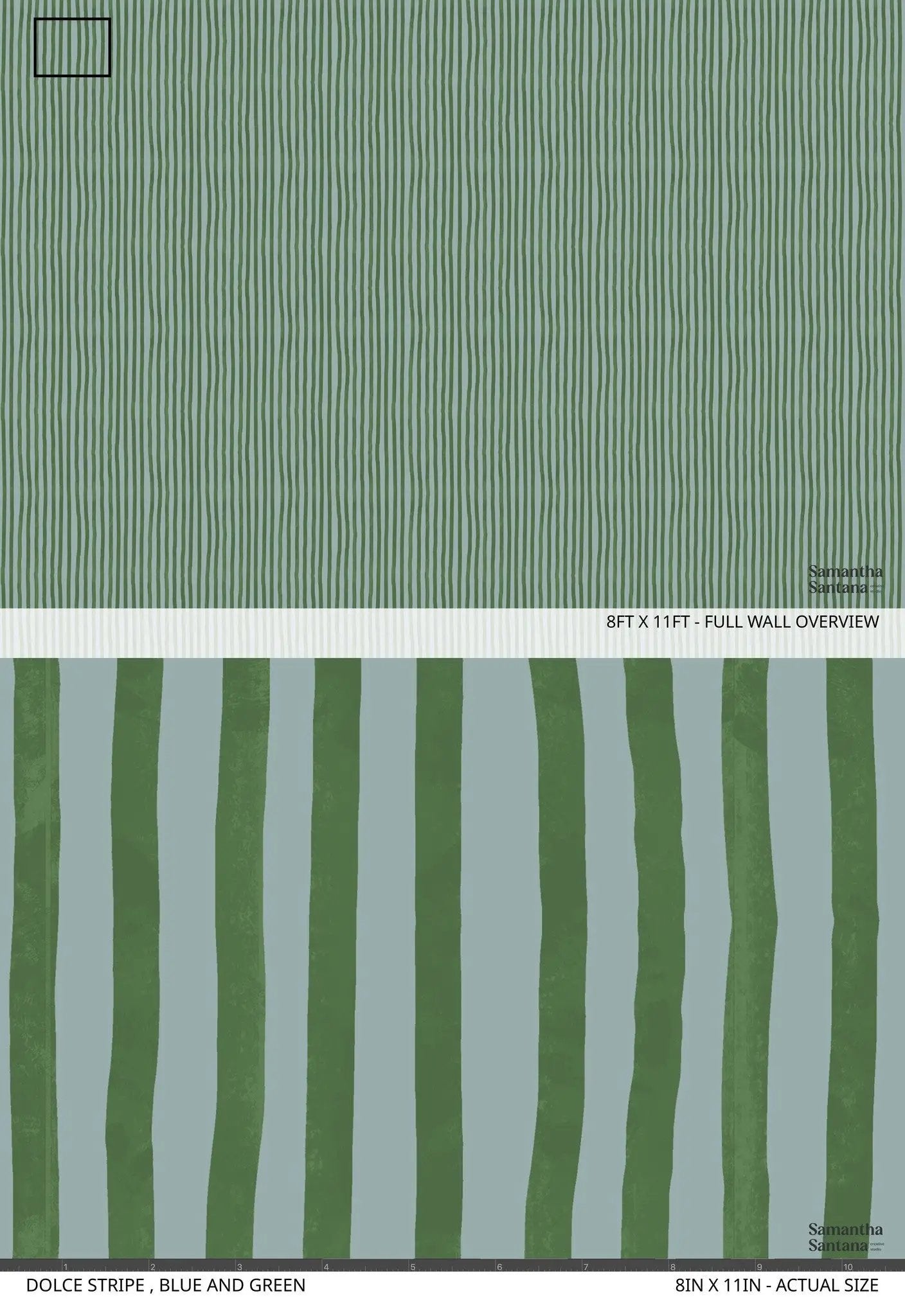 Wallpaper Dolce Stripe blue and green by Samantha Santana Creative; vertical stripe pattern on Tampa Home & Garden Store