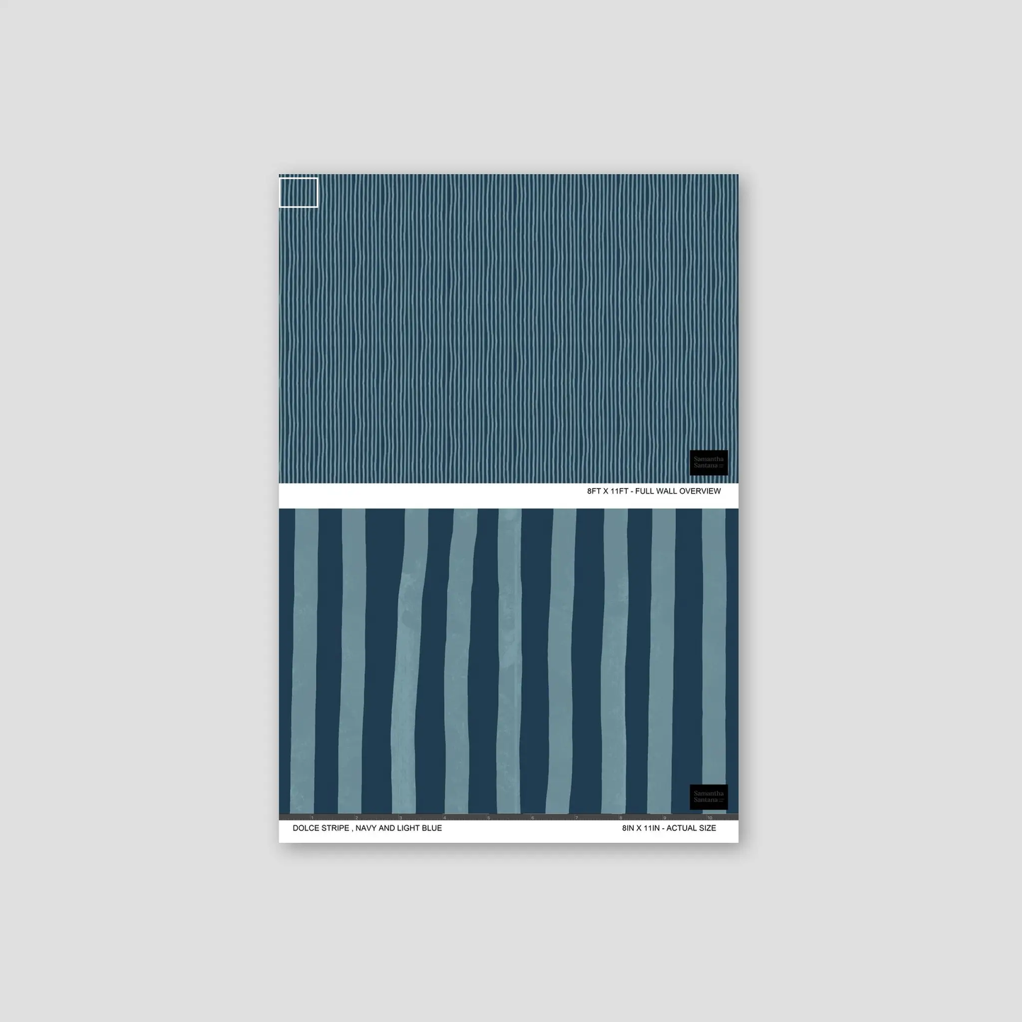 Dolce Stripe wallpaper swatch in navy and light blue with vertical stripes by Samantha Santana on Tampa Home & Garden Store