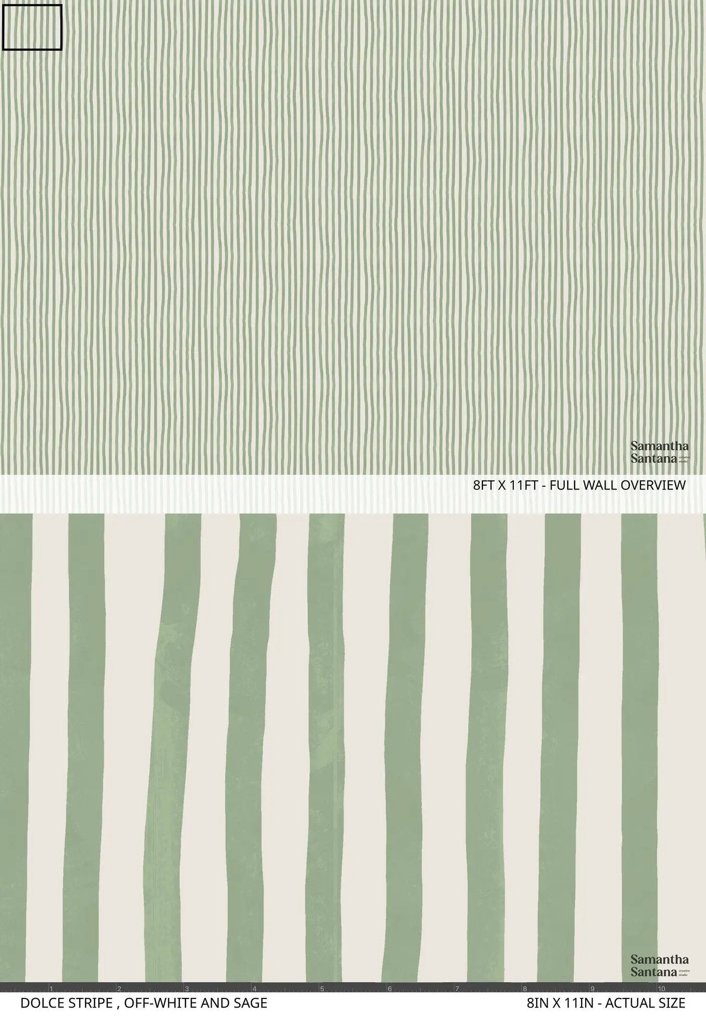 Dolce Stripe wallpaper in off-white and sage with slim vertical stripes Samantha Santana Creative on Tampa Home & Garden Store