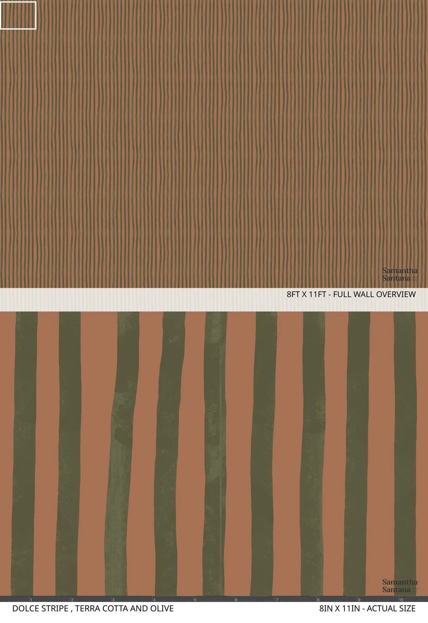 Wallpaper Dolce Stripe Terra Cotta and Olive with vertical stripes by Samantha Santana Creative on Tampa Home & Garden Store