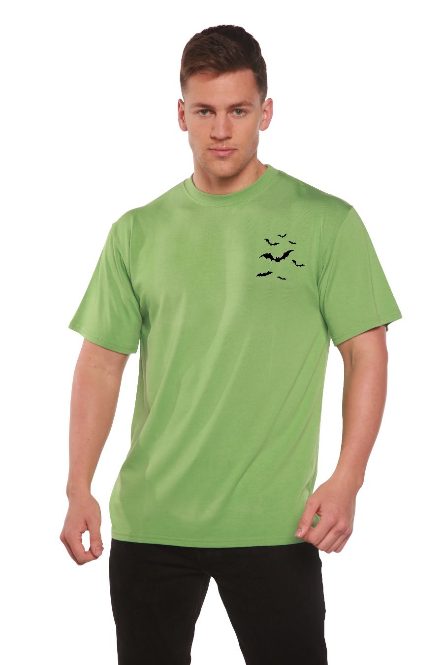 Mens printed Halloween Bats T-shirt in lime green Bamboo viscose/organic cotton with bat print on Tampa Home & Garden Store
