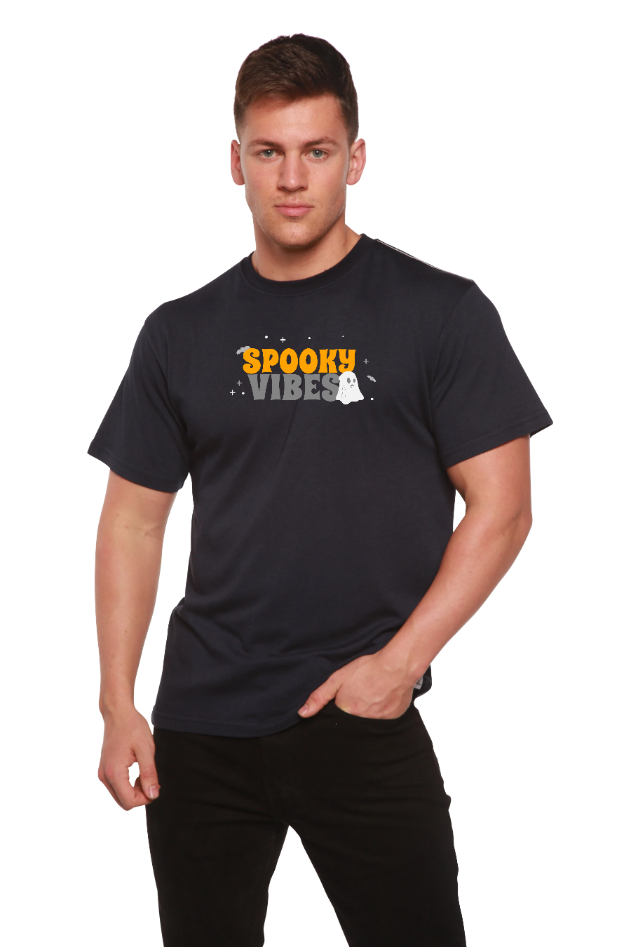Spooky Vibes men's short sleeve navy shirt with orange SPOOKY and gray VIBES ghost Spun Bamboo on Tampa Home & Garden Store