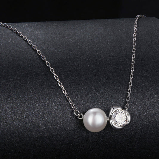 Necklace 925 Sterling Silver with freshwater pearl and moissanite, white gold tone, 45cm length on Tampa Home & Garden Store