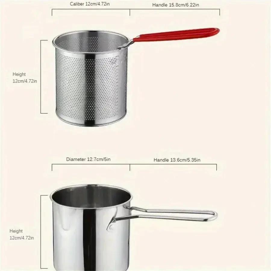 Mini Deep Fryer Stainless Steel Pot With Basket, perforated red-handled basket and pot handles on Tampa Home & Garden Store