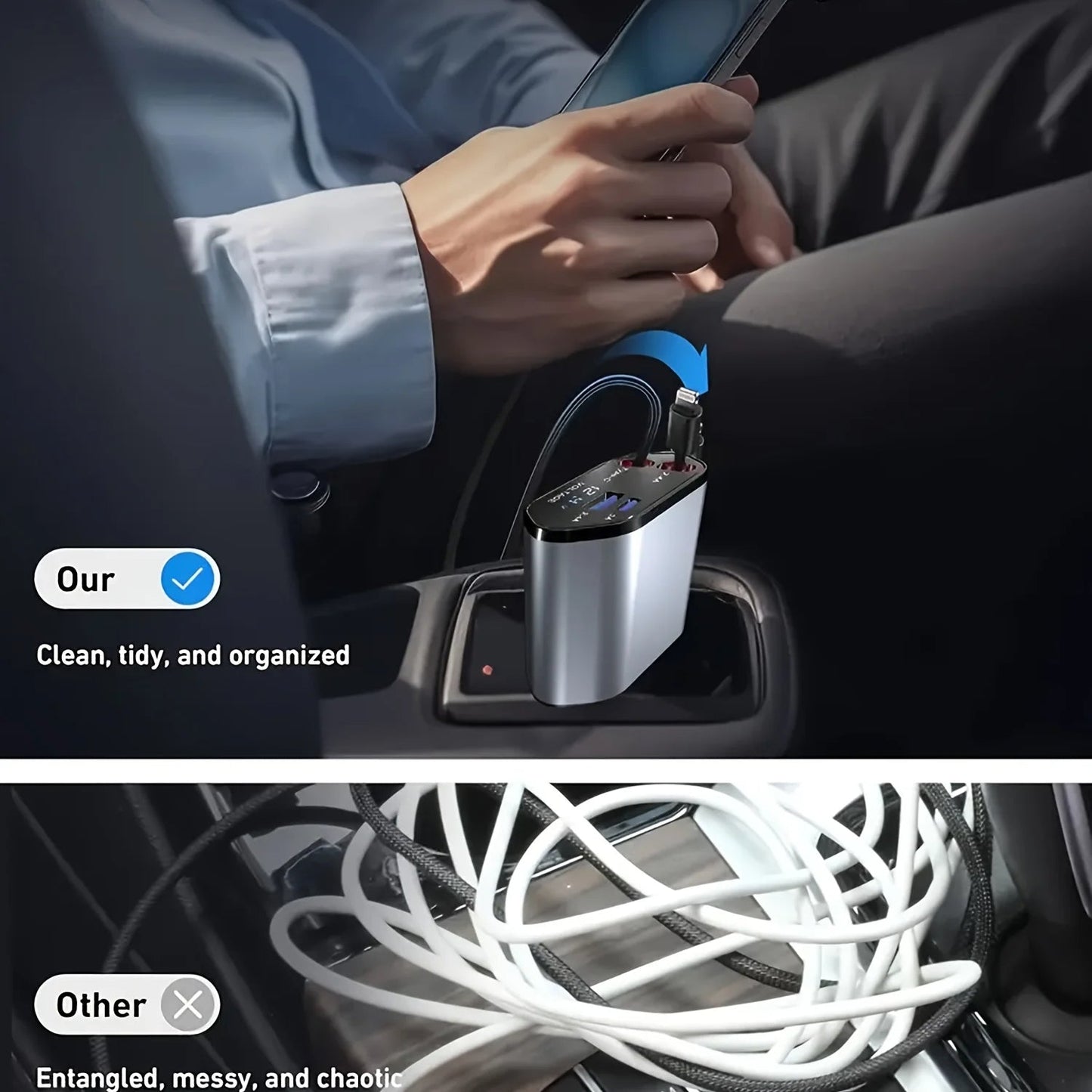 120W Moktan Sabai car charger with retractable USB-C cable; silver body, USB-A/USB-C ports in car outlet on Tampa Home & Garden Store