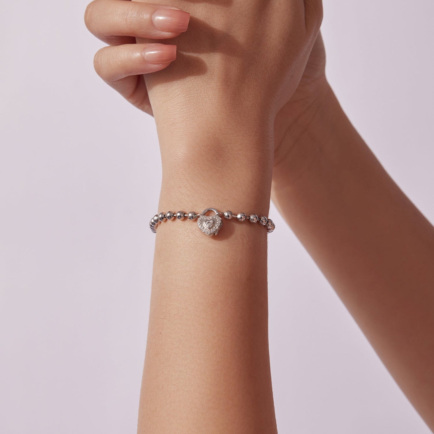 Bracelet beaded 925 Sterling Silver white gold plated CZ pave heart charm, 17cm, Bids.com on Tampa Home & Garden Store