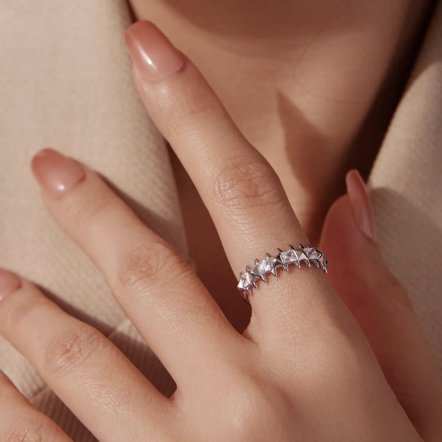 Ring 925 sterling silver white gold plated CZ, geometric square-stone band, size 6 on Tampa Home & Garden Store