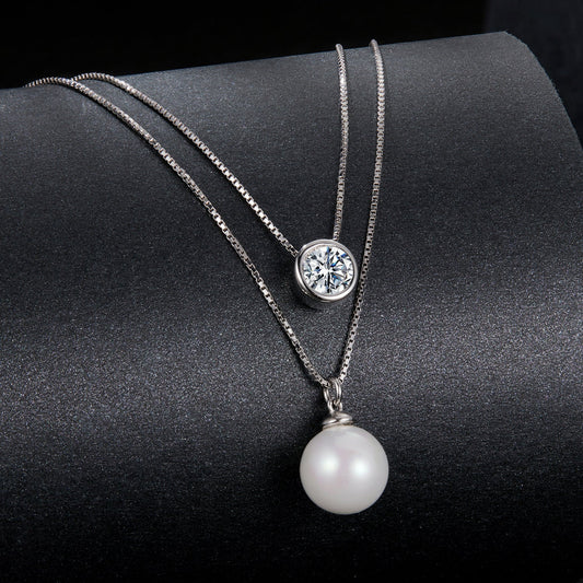 925 Sterling Silver moissanite necklace with moissanite pendant and shell pearl drop 40+5cm on Tampa Home & Garden Store