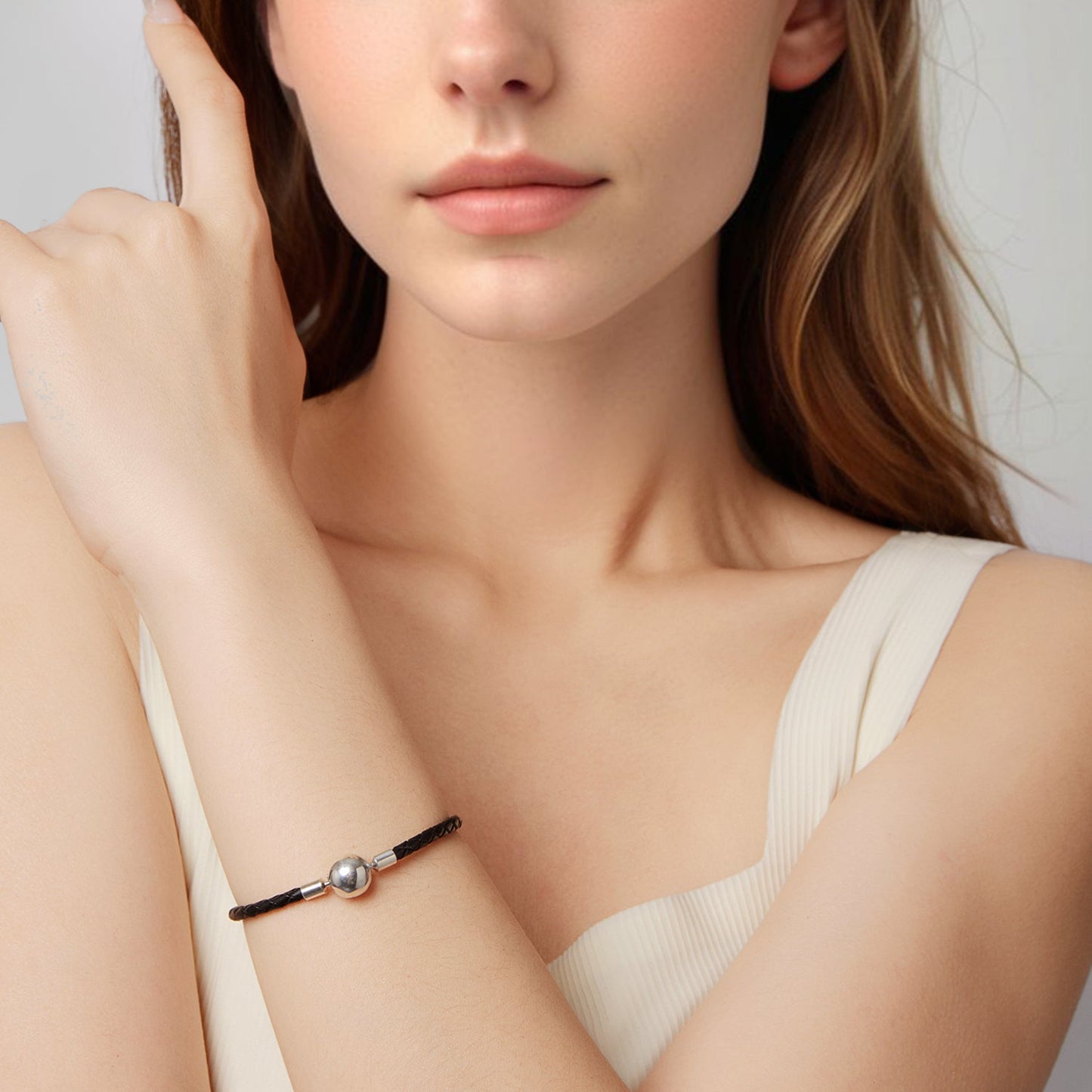 Bracelet 925 Sterling Silver bead on black leather rope 17cm men's style on Tampa Home & Garden Store