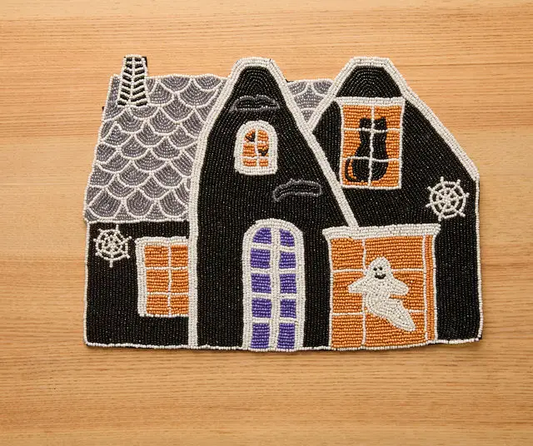 Haunted House Beaded Placemat with black houses orange windows Payton James Halloween decor on Tampa Home & Garden Store