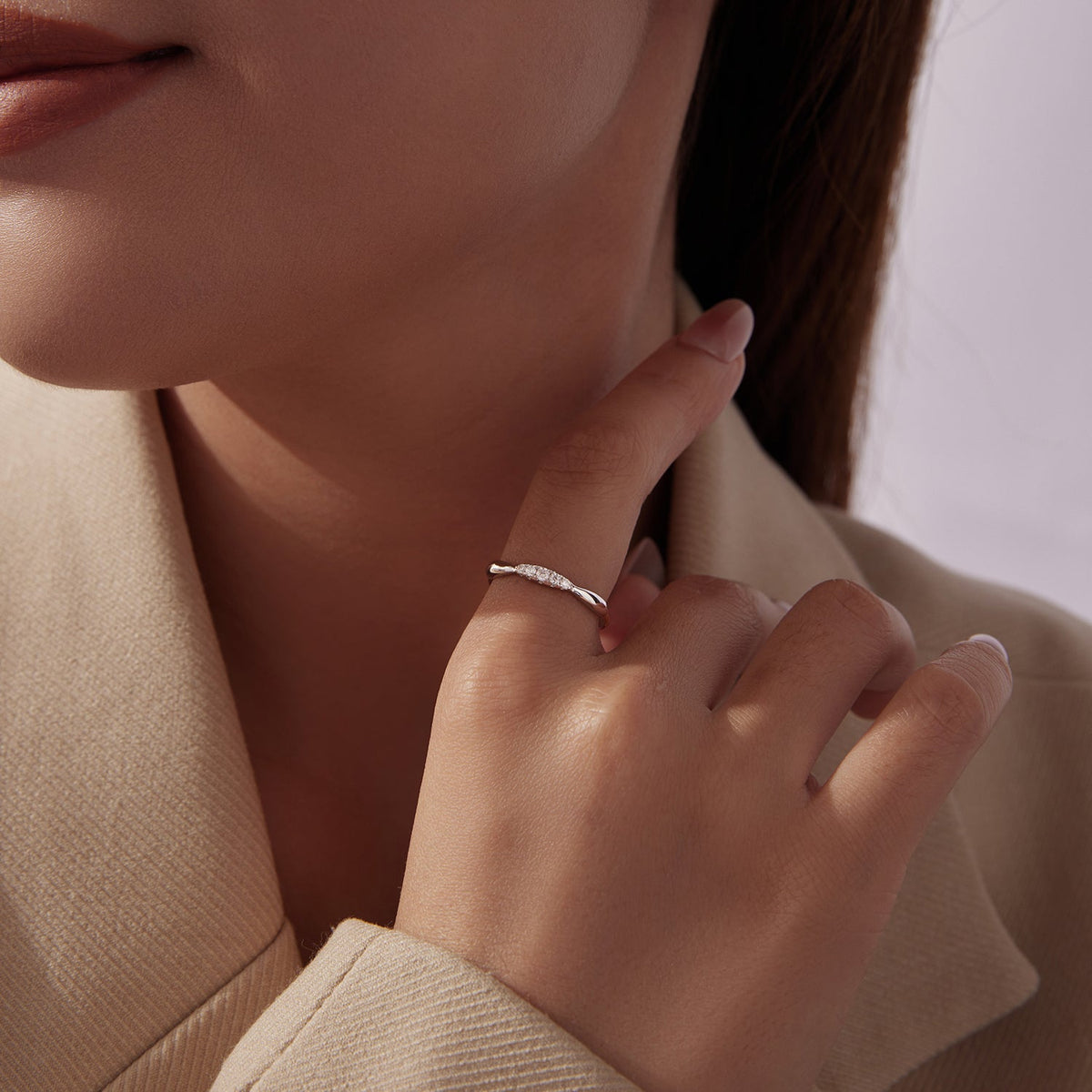 925 Sterling Silver Moissanite Ring with tiny pavé gems on a slim twisted band on Tampa Home & Garden Store