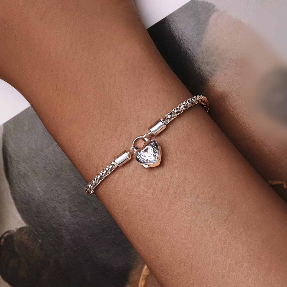 Sterling silver bracelet with pavé CZ heart charm, platinum plated, 17.0 cm for women, Bids.com on Tampa Home & Garden Store