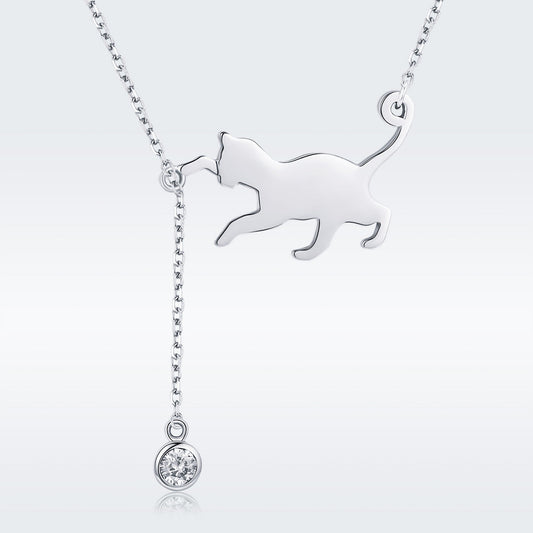 Sterling silver cat pendant necklace with 1.4x2.5cm pendant and bezel crystal drop on 38–45cm chain on Tampa Home & Garden Store