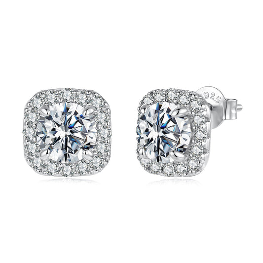 Earrings 925 sterling silver moissanite halo stud with pavé setting and cushion stones on Tampa Home & Garden Store