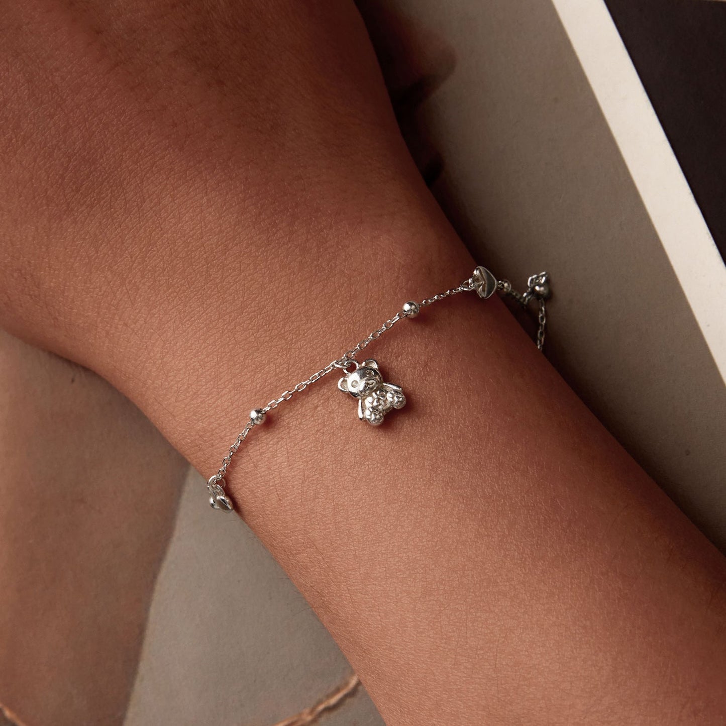 925 Sterling Silver bracelet with pavé CZ, teddy bear charm, 150+60mm length for women on Tampa Home & Garden Store