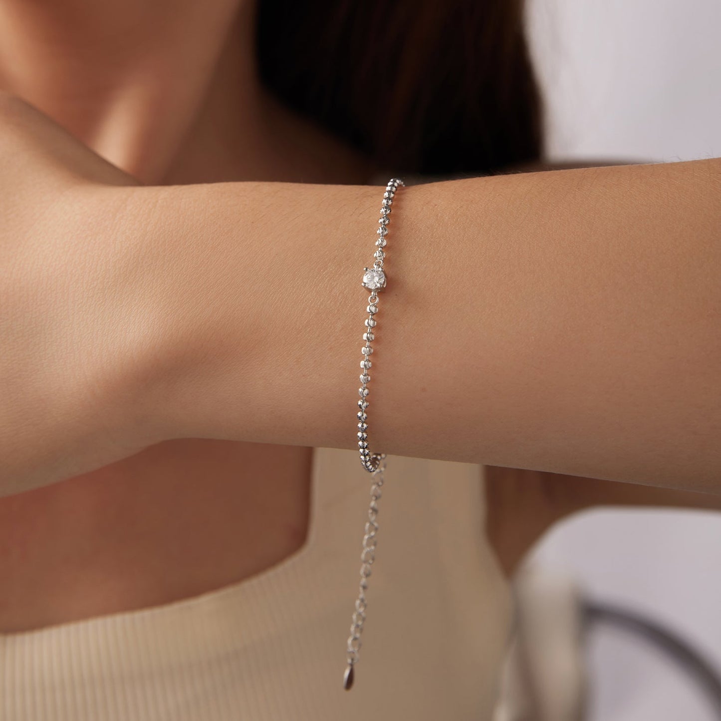 Bracelet 925 sterling silver moissanite with white gold plating, bead chain center stone on Tampa Home & Garden Store
