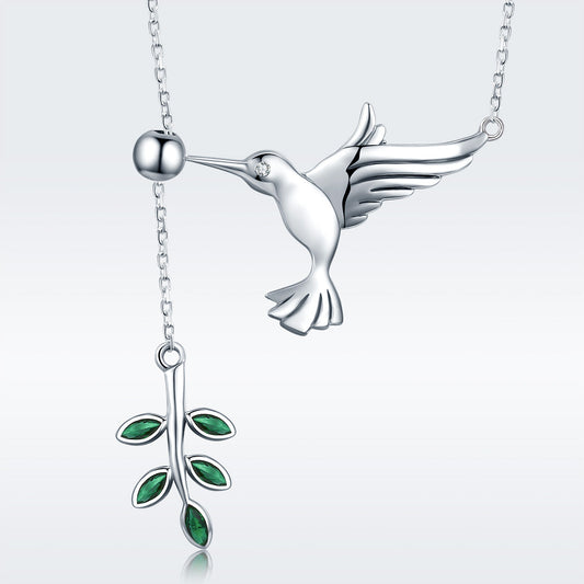 925 Sterling Silver Necklace Bird and Leaves design; hummingbird pendant and green leaf charms on Tampa Home & Garden Store