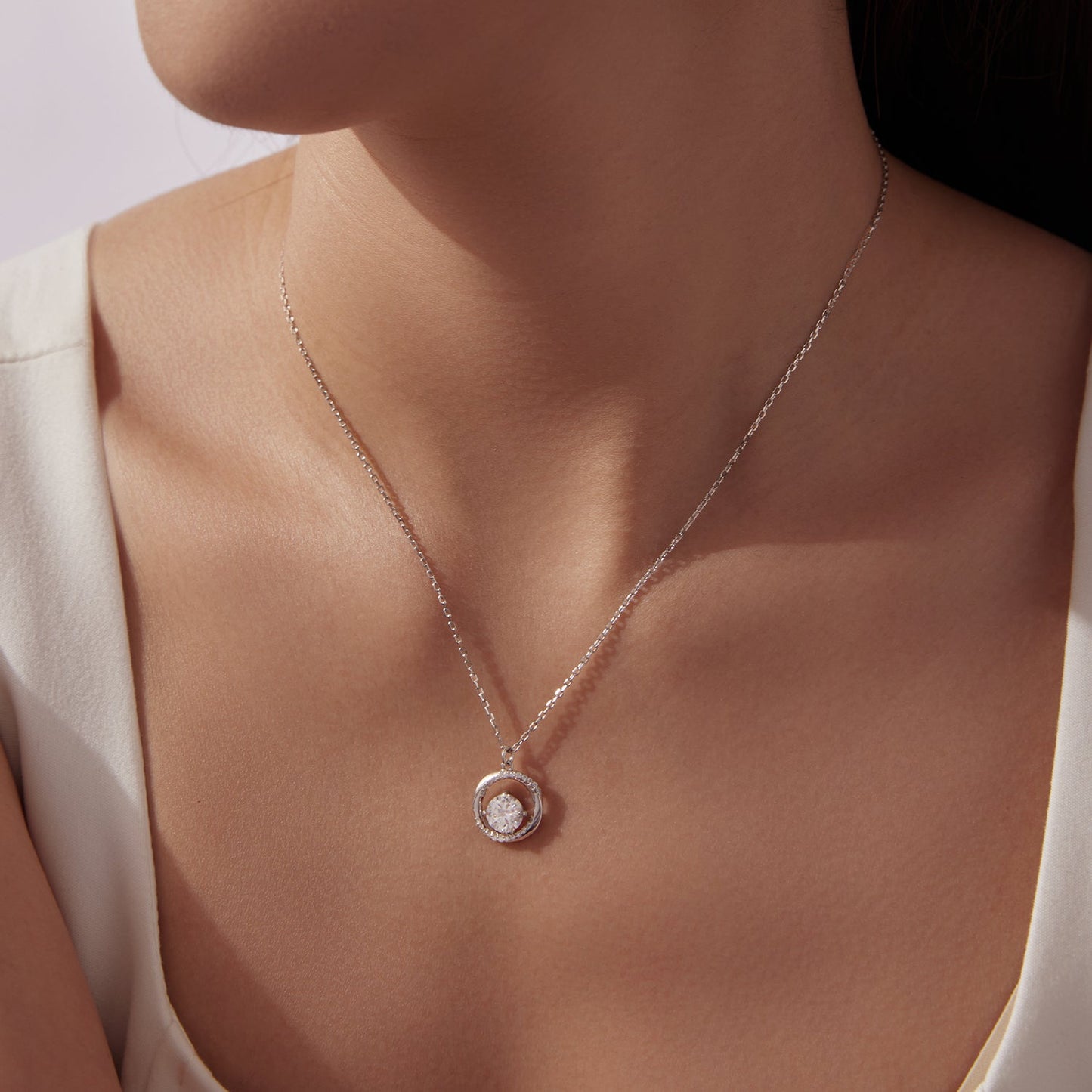 925 Sterling Silver Moissanite Necklace with halo pendant and CZ, 40+5cm chain on Tampa Home & Garden Store