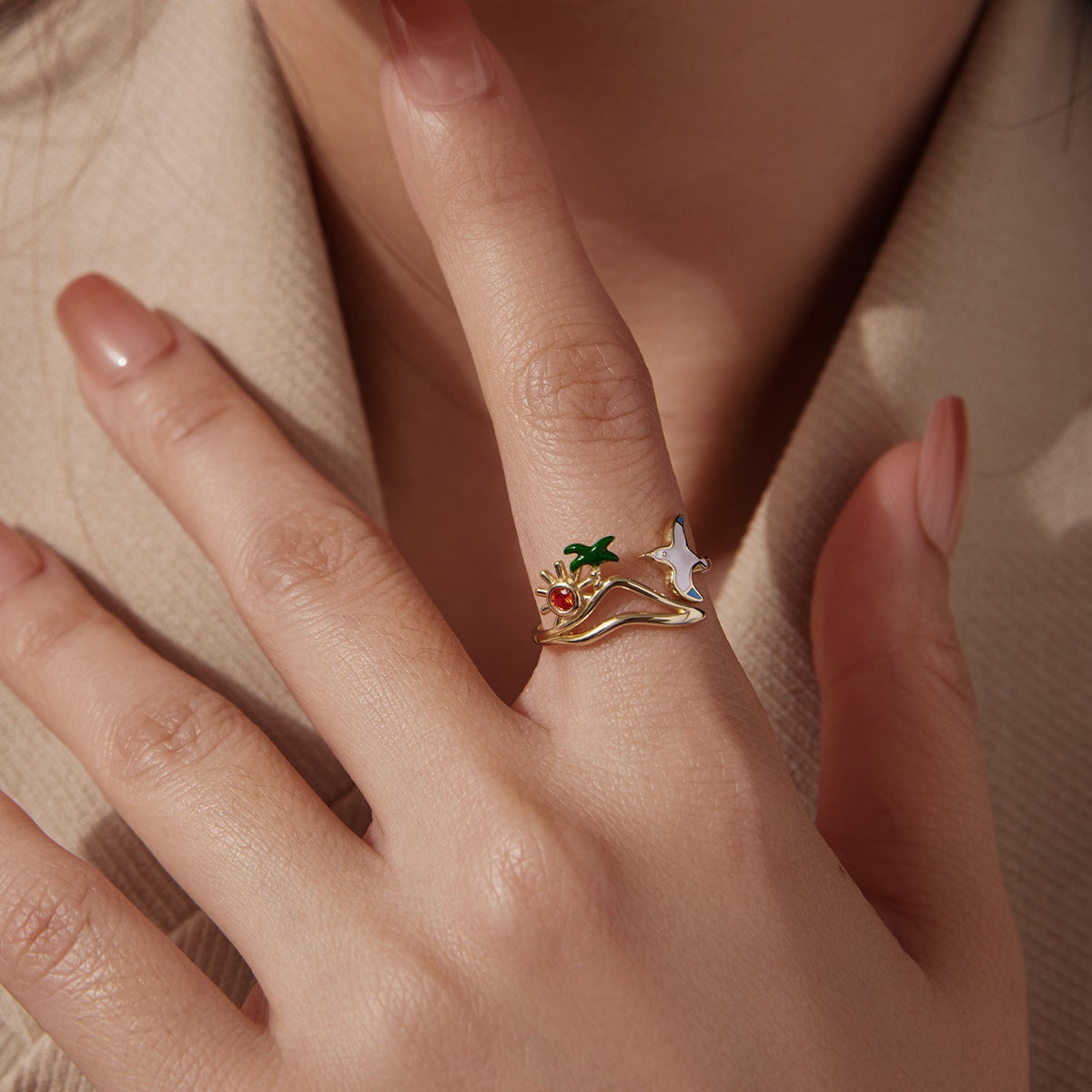 Ring by Bids.com, gold-plated 925 silver enamel sea scene with sun, palm and bird, CZ pavé on Tampa Home & Garden Store