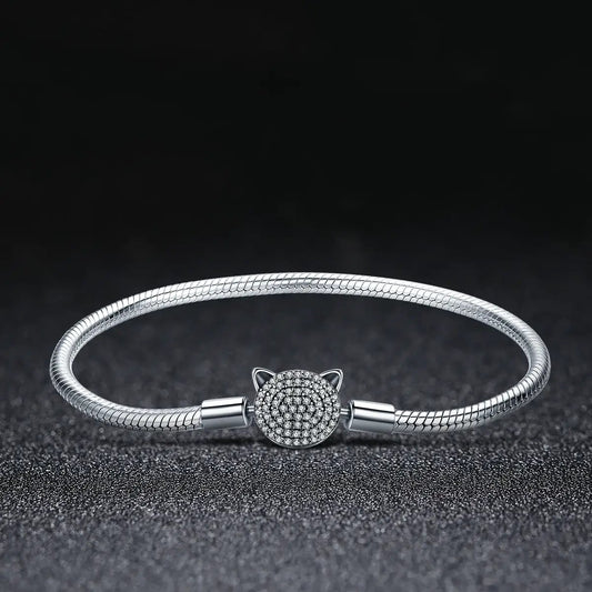 Bracelet 925 Sterling Silver Cat Head Charm 17cm Bids.com snake chain with pavé crystals on Tampa Home & Garden Store
