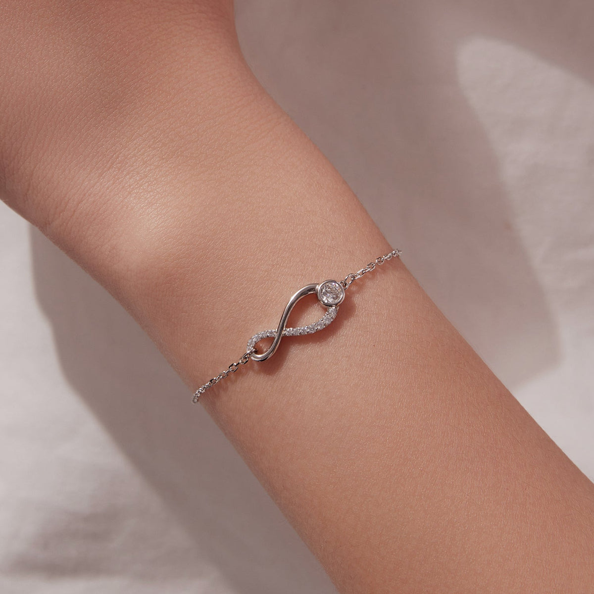 925 Sterling Silver Moissanite Pavé Bracelet with infinity loop, white gold plated, 21cm for women on Tampa Home & Garden Store