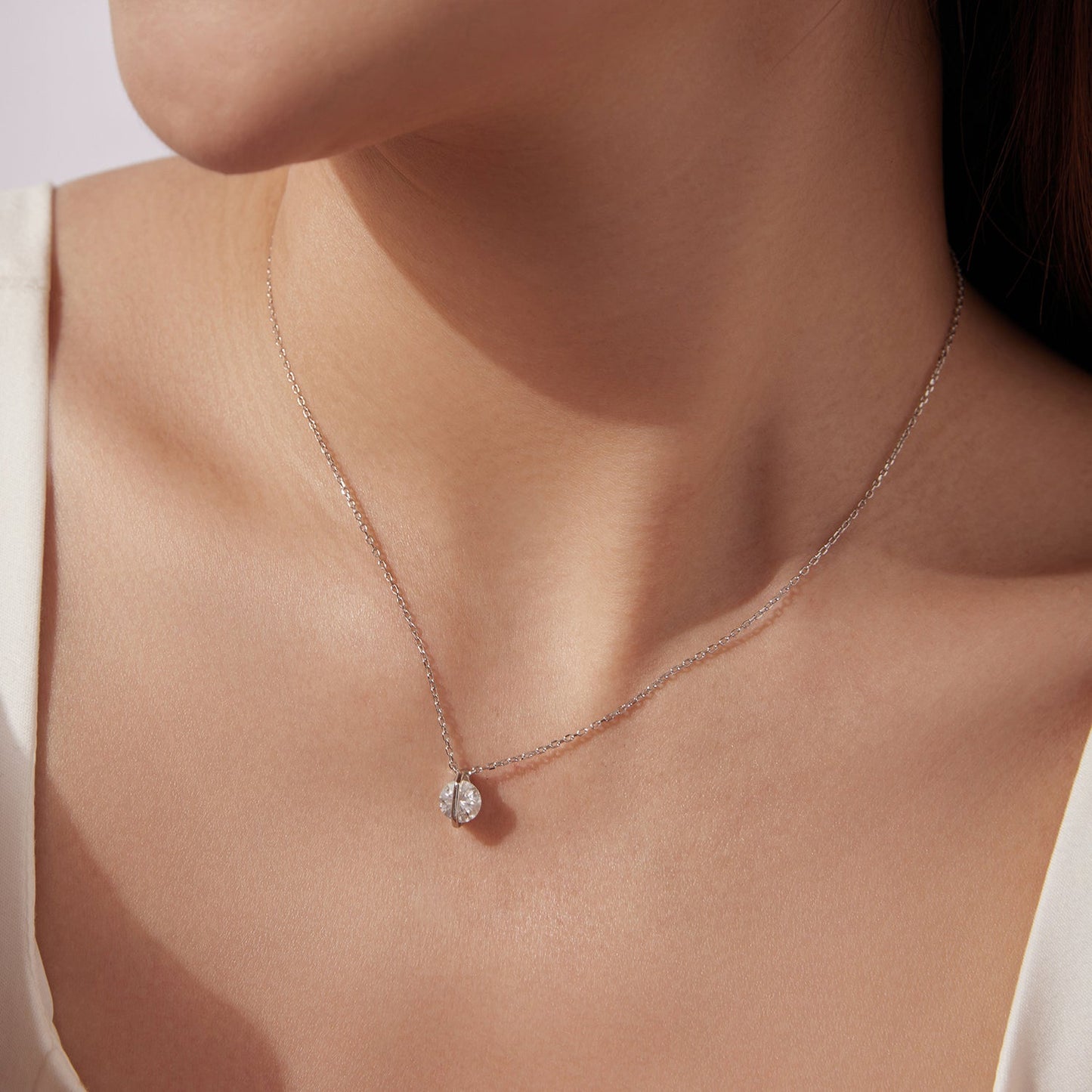 925 Sterling Silver 0.65 Carat Moissanite Necklace with round pendant on delicate chain on Tampa Home & Garden Store