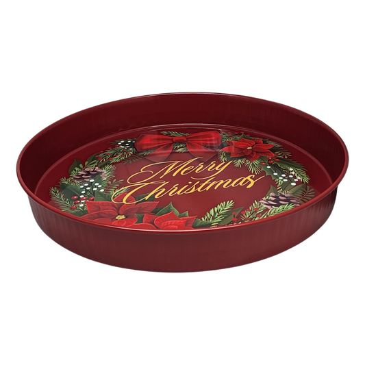 Merry Christmas Serving Tray red metal with greenery and gold script by The Country Christmas Loft on Tampa Home & Garden Store