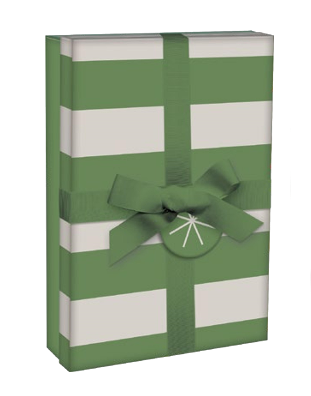 Rectangular gift box with green ribbon, white stripes, bow and gift tag on Tampa Home & Garden Store