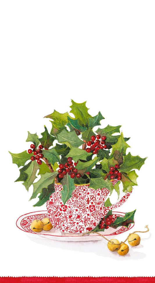 Caspari Christmas Tea motif holly in a red floral teacup with matching plate on Tampa Home & Garden Store