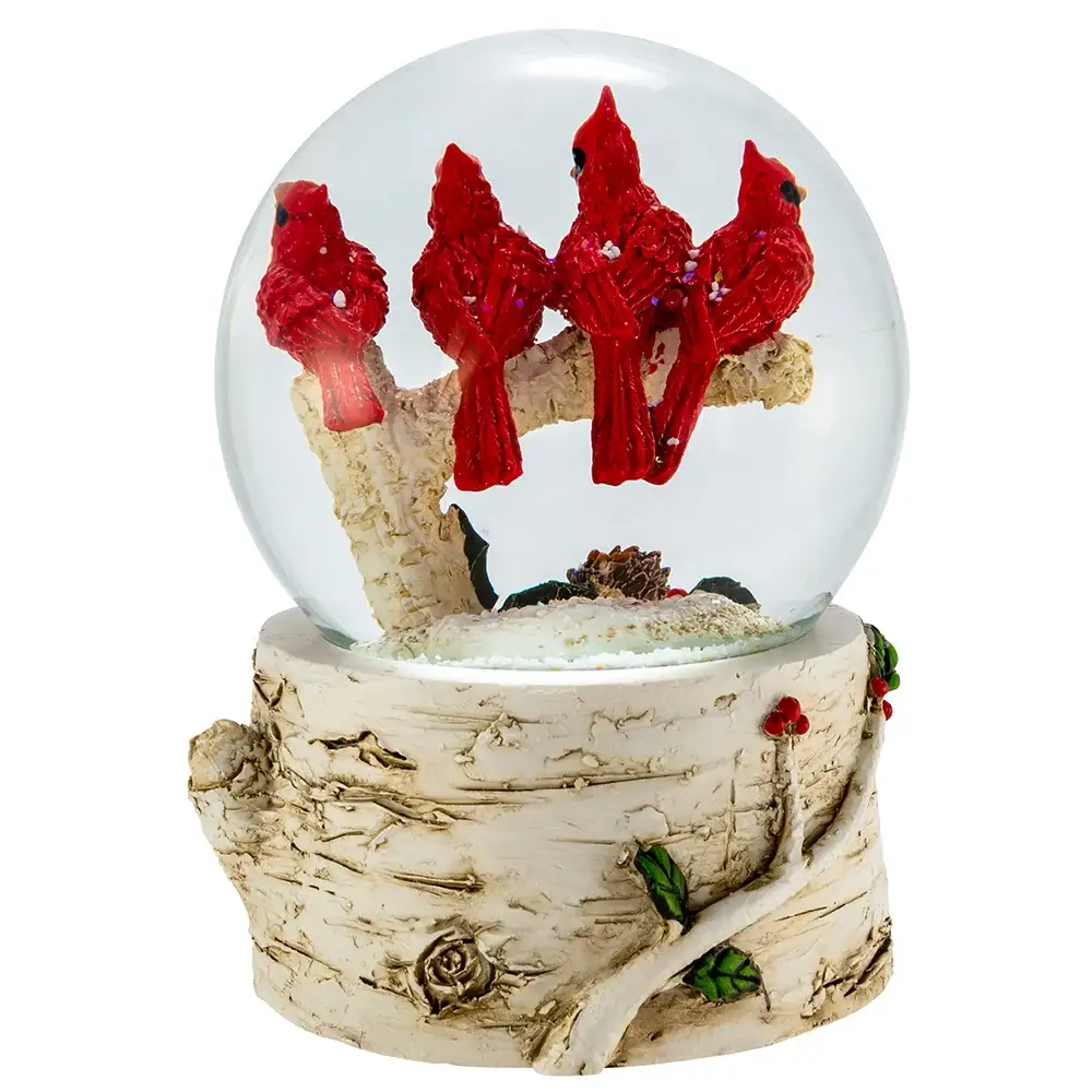 Cardinals with Musical Water Globe 100mm red cardinals on branch inside globe atop birch base on Tampa Home & Garden Store