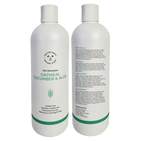 Dr Theo's Pet Shampoo Oatmeal Cucumber & Aloe, two white bottles with green accents on Tampa Home & Garden Store