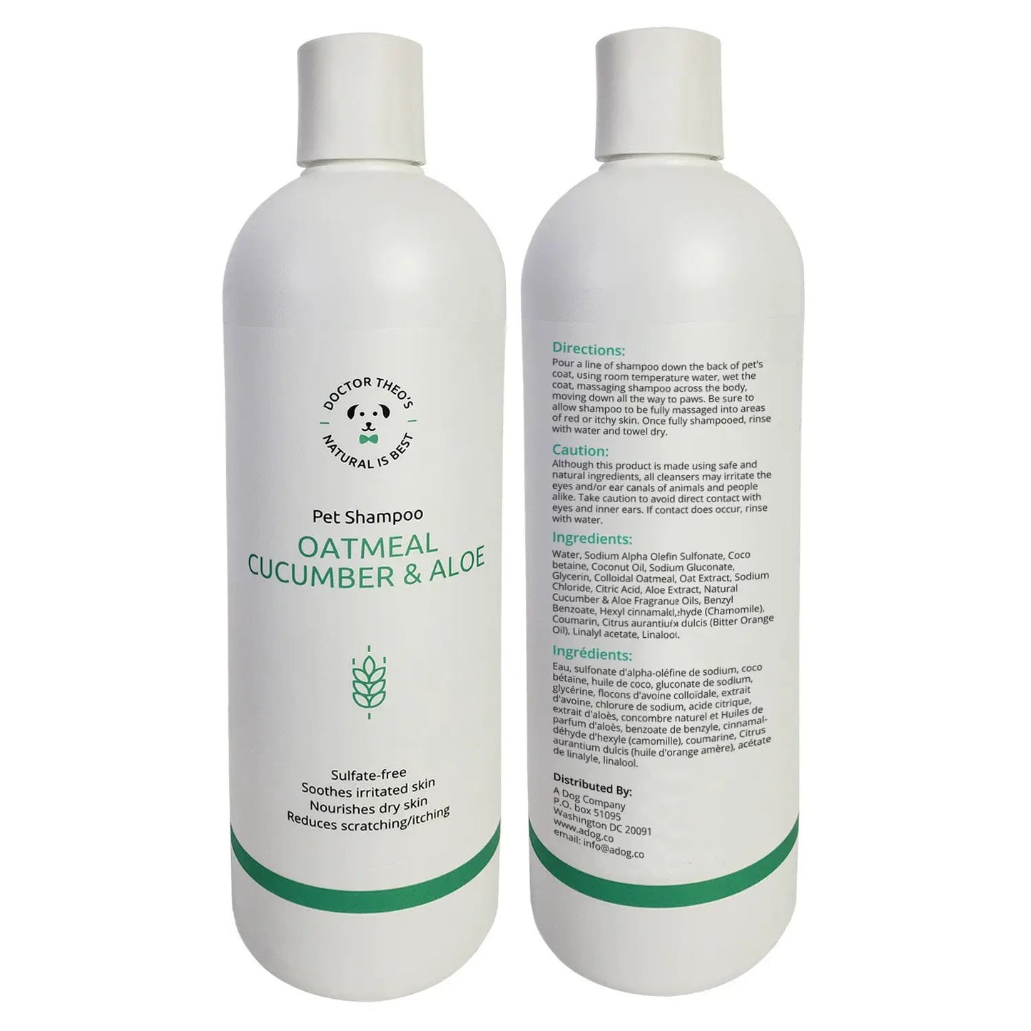 Dr Theo's Pet Shampoo Oatmeal Cucumber & Aloe, two white bottles with green accents on Tampa Home & Garden Store