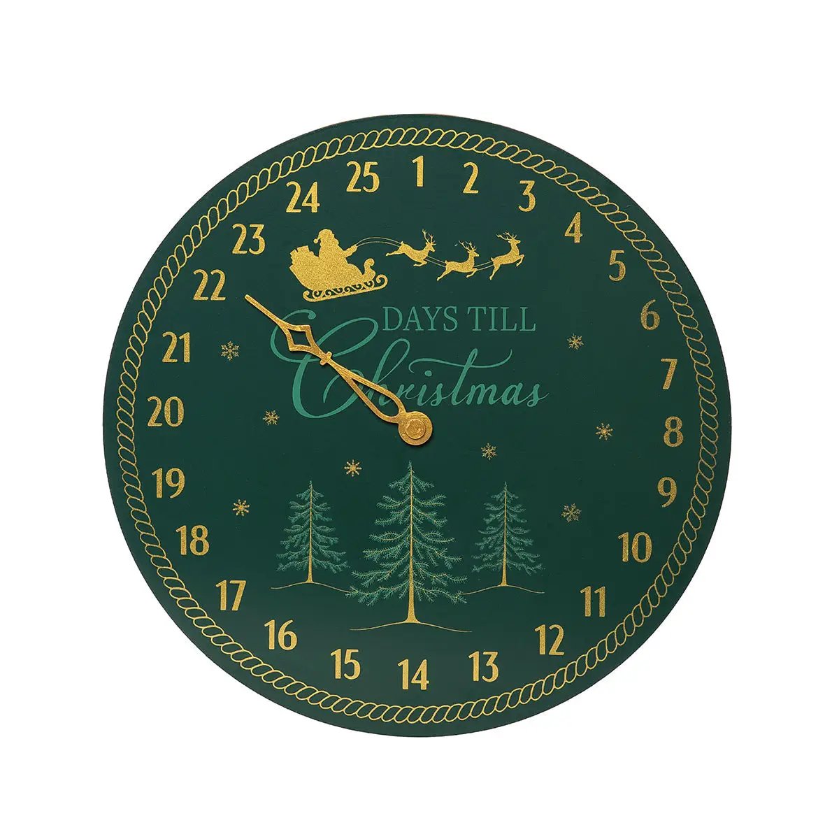 Days till Christmas wall clock green gold 1–24 numerals and sleigh motif 18 inch diameter on Tampa Home & Garden Store