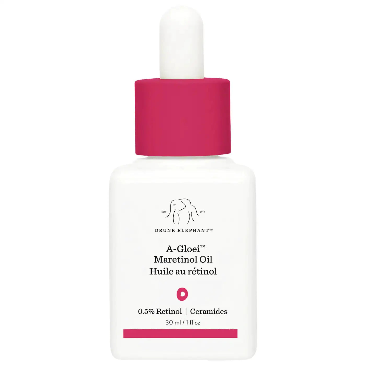 Drunk Elephant A-Gloei Maretinol Oil bottle, white with magenta dropper cap, 30 ml body oil on Tampa Home & Garden Store
