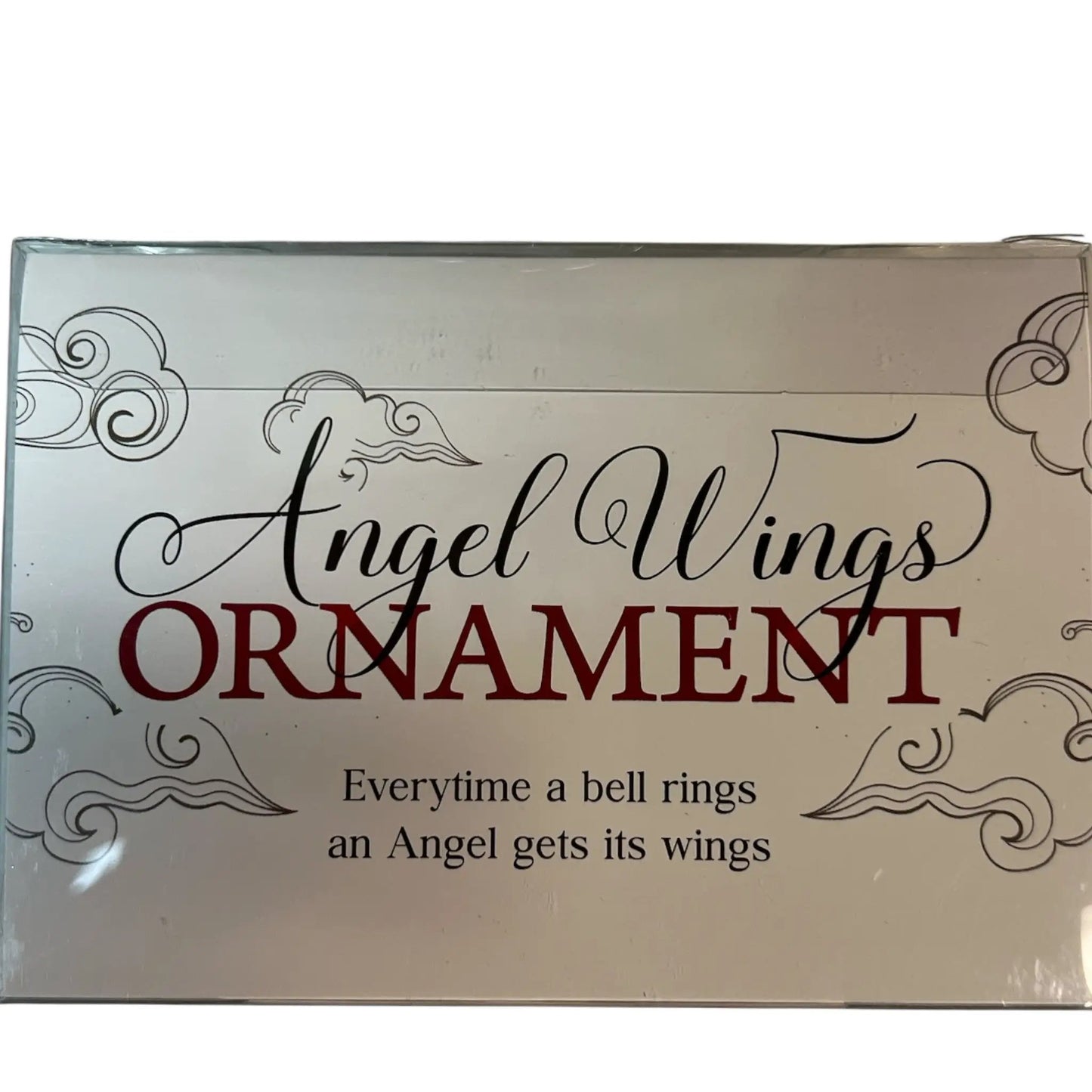 Angel Wings Ornament box with white background, black scroll accents and red ORNAMENT text on Tampa Home & Garden Store