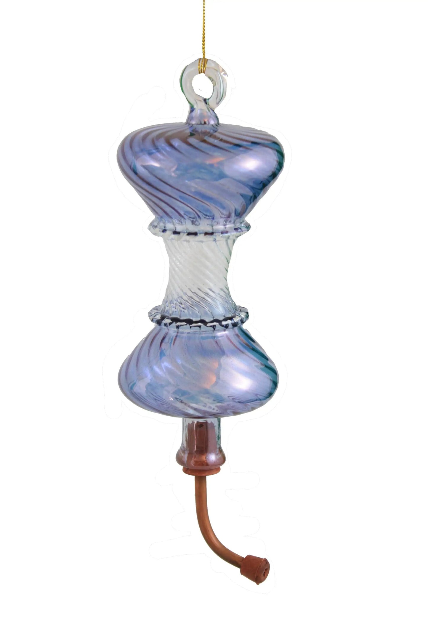 Blue Swirl Glass Hummingbird Feeder with twisted blue top and clear base, hanging loop on Tampa Home & Garden Store