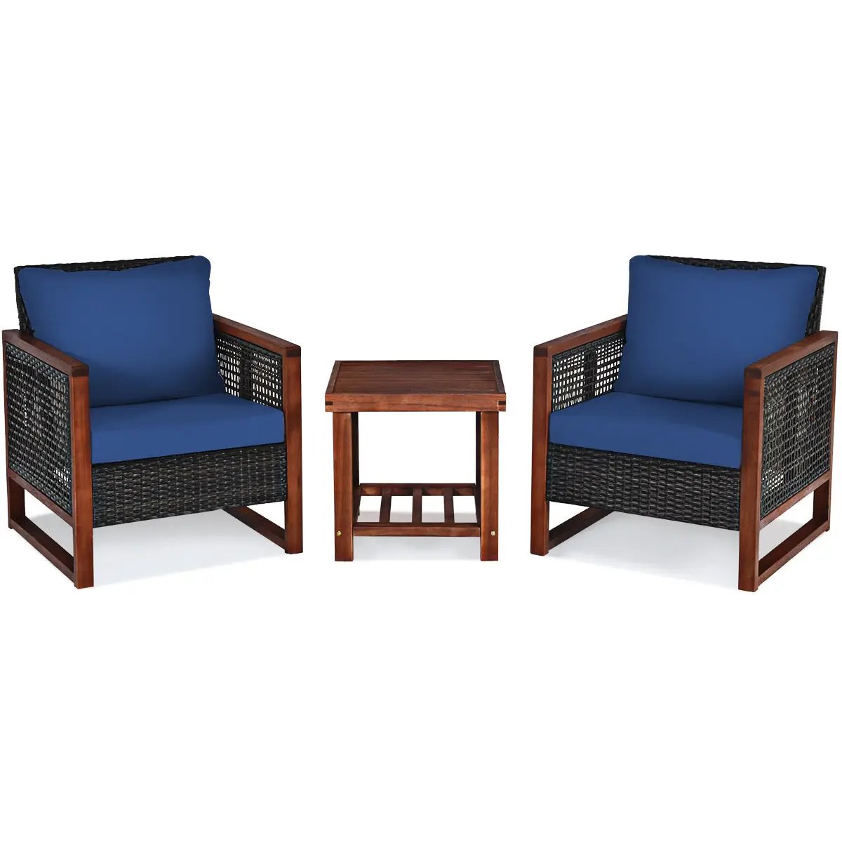 Acacia wood outdoor 3-piece patio set with coffee table and two armchairs with blue cushions on Tampa Home & Garden Store