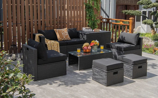 8 Pieces Patio Rattan Storage Table Furniture Set-Black - Tampa Home & Garden Store