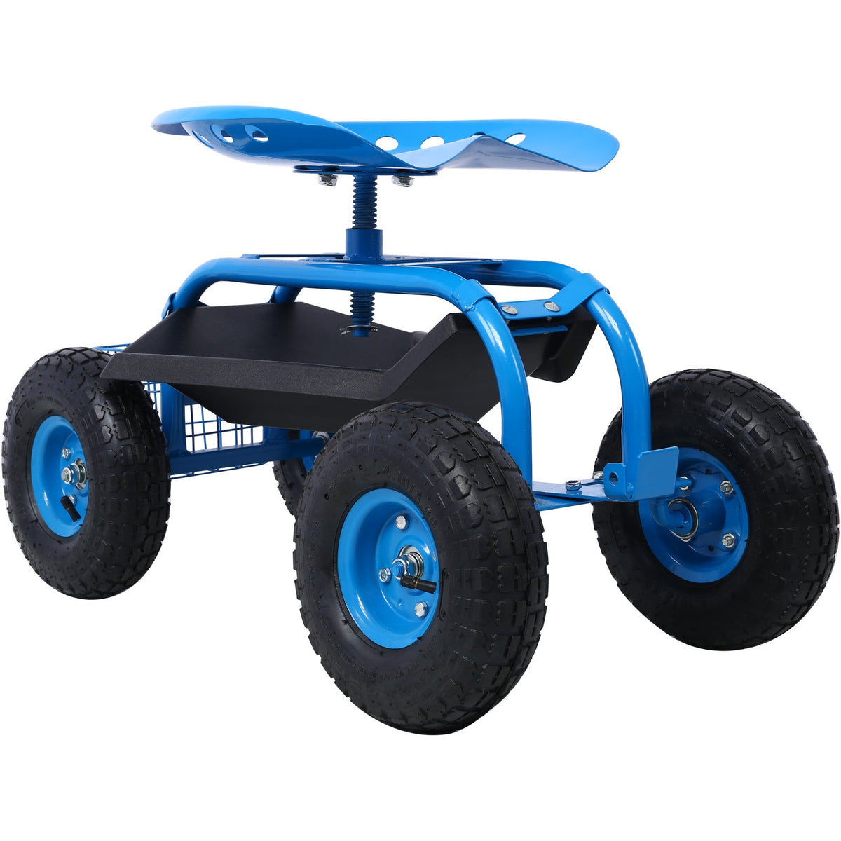 Mercantile Mountain blue garden scooter with 4 knobby wheels and 360 swivel seat tool tray on Tampa Home & Garden Store