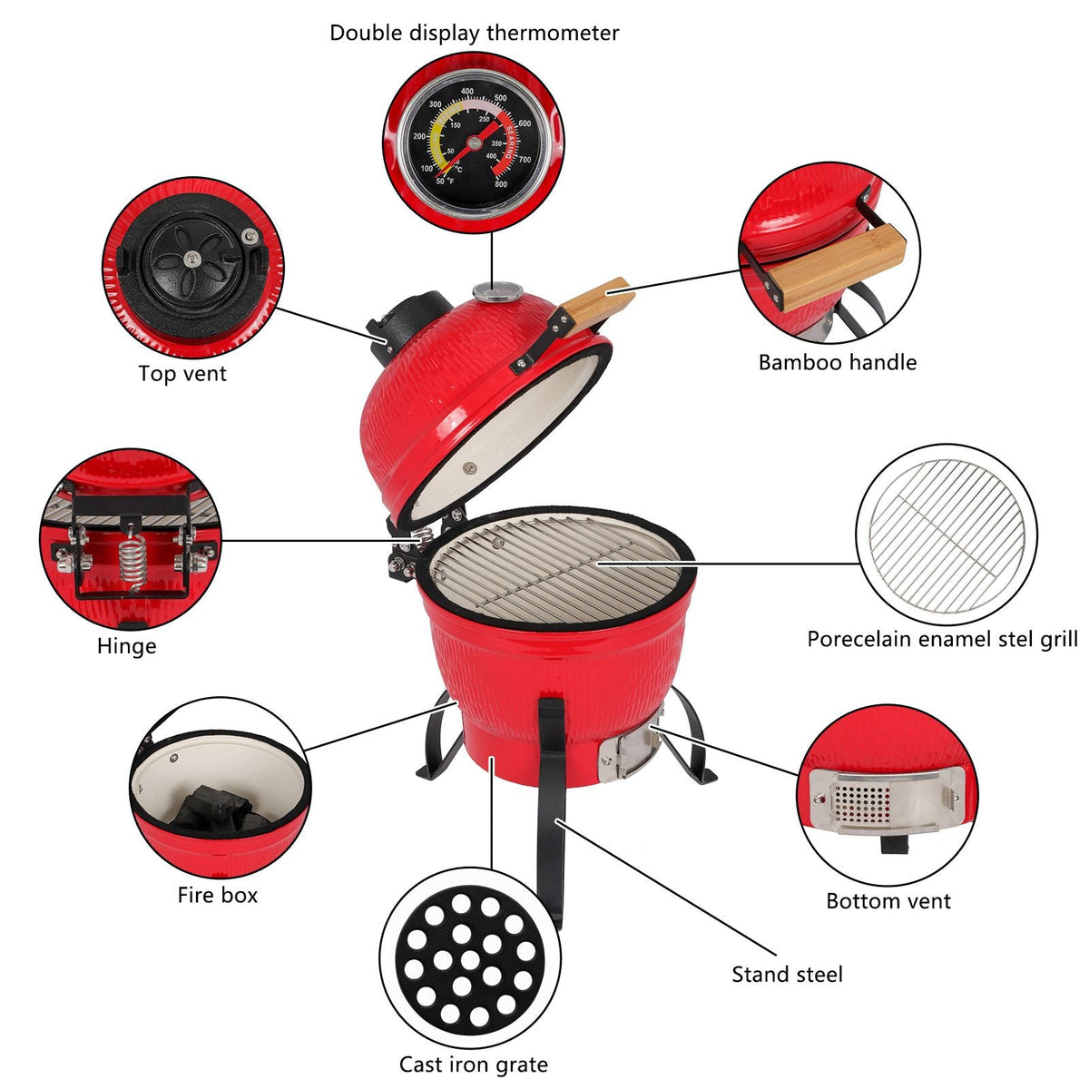 13in ceramic charcoal grill XH kamado-style cooker with bamboo handle thermometer on Tampa Home & Garden Store