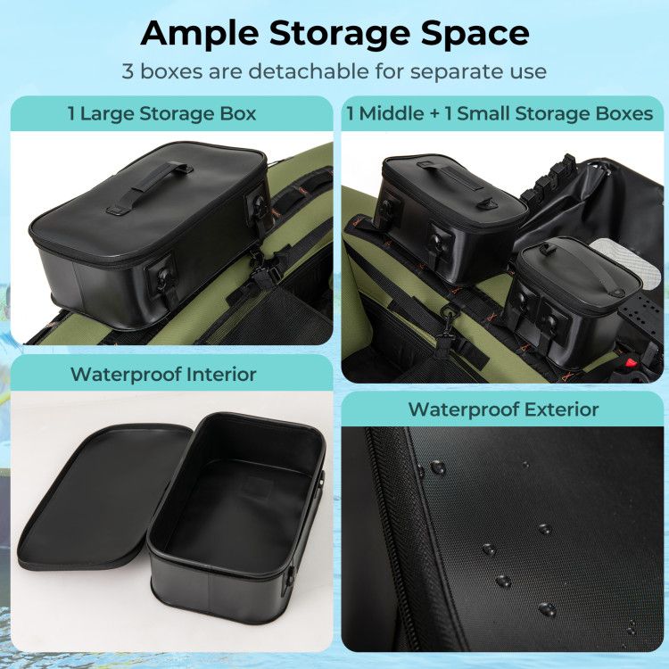 Portable fishing boat by Mercantile Mountain with 3 storage boxes on green inflatable kayak on Tampa Home & Garden Store
